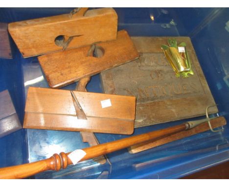 Small oak sign ' Restoration of Antiques ', together with 19th Century toasting fork, small brass wall vase, three woodworkin