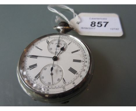 Early 20th Century Lemania silver cased open face crown wind chronograph pocket watch, the enamel dial with Arabic and Roman 