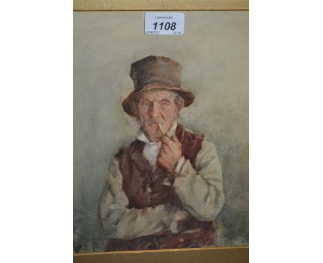 H.W. Kerr, signed watercolour, portrait of a gentleman with a clay pipe, 10.5ins x 9ins