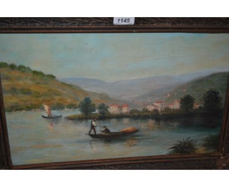 Early 20th Century oil on panel, boatmen on a Continental lake, 10.5ins x 17ins