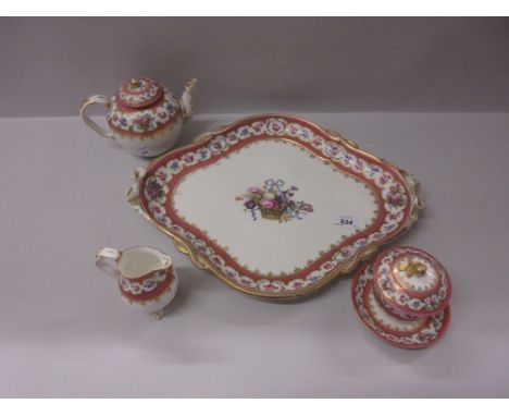 19th Century Coalbrookdale porcelain three piece tea service on tray painted with flowers with gilded and pink borders