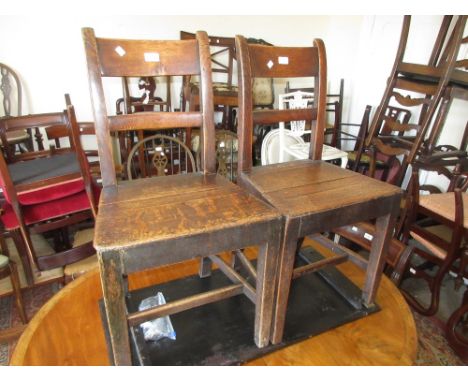 19th Century elm and beech kitchen elbow chair, pair of 19th Century oak rail back side chairs and a Windsor stick back chair