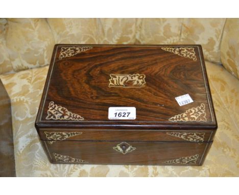 19th Century rosewood mother of pearl inlaid jewellery box, the hinged cover with single tray (a/f)