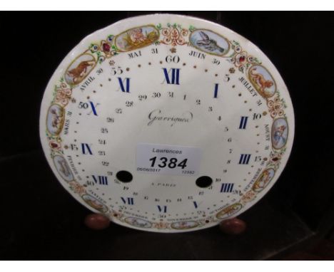 18th Century French enamel clock dial signed Garrigueo à Paris painted with Arabic and Roman numerals within a calendar and z