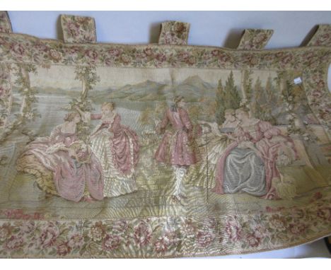 Machine tapestry, figures in a continental riverside garden, 25ins x 43ins
