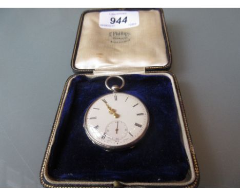 Silver cased open face pocket watch, the white enamel dial having Roman numerals and subsidiary seconds in black leather case