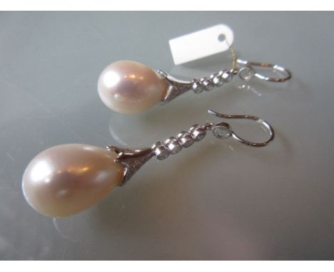 Pair of 18ct white gold pearl and rose cut diamond drop earrings