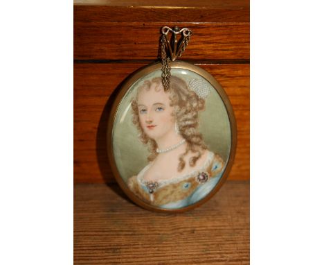 19th Century oval miniature watercolour, head and shoulder portrait of a lady wearing a pearl necklace, housed in an oval gil