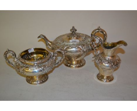 Early Victorian Scottish silver floral embossed three piece tea service, Edinburgh, 1843, maker J. McKay