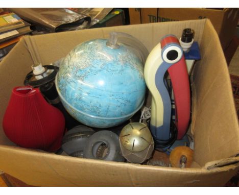 Box containing a quantity of various 20th Century novelty lights including: Toucan, World map, Perspex lamp base etc