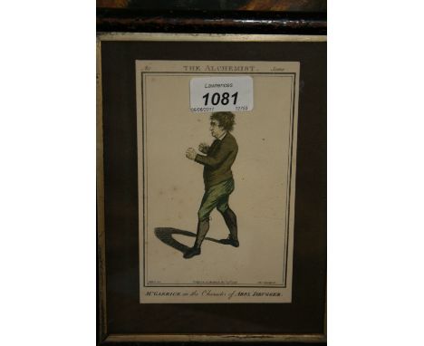 Small late 18th Century coloured engraving, David Garrick in the character of Abel Drugger, framed, together with an oval pen