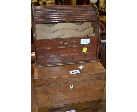 19th Century rosewood crossbanded tea caddy together with an oak table top stationery cabinet (a/f)