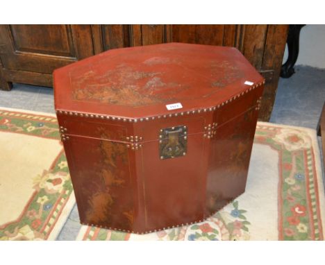 20th Century octagonal red chinoiserie decorated trunk