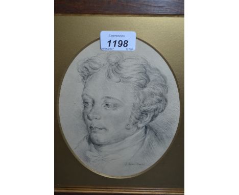 19th Century oval mounted pencil study, portrait of a gentleman, signed J. Harden, 8ins x 6ins, oak framed
