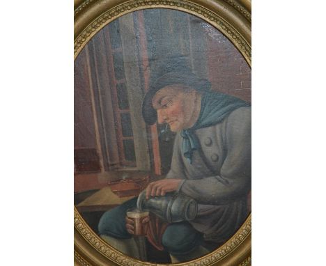 19th Century oval gilt framed oil, portrait of a peasant gentleman pouring a glass of ale