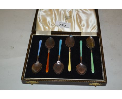 Cased set of six English hallmarked coloured enamel spoons, makers mark H.C.D. in original case