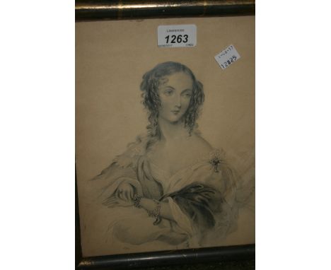 19th Century pencil head and shoulder portrait of a young lady, 10ins x 8ins, another pencil on print base, landscape with fi