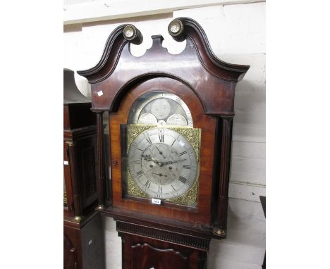 George III mahogany longcase clock, the broken arch hood with swan neck pediment and flanking pilasters above a shaped panell