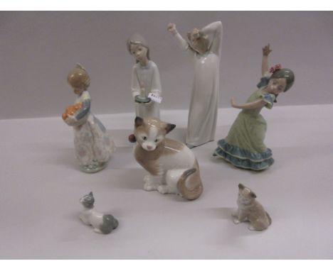 Small Lladro figure of a girl carrying a basket of oranges, another of a girl dancer wearing a green and blue dress, a miniat