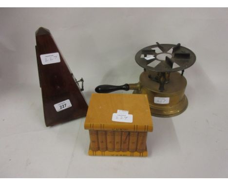 Mahogany metronome, small Sorrento ware puzzle box and a brass picnic stove