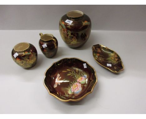 Carlton Ware Rouge Royale ginger jar, similar smaller ginger jar, two dishes and a two handled vase