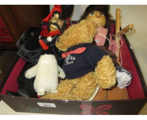 Steiff soft toy penguin, a Ritz Hotel teddy bear and two puppets