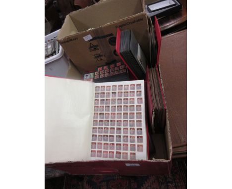 Box containing a quantity of various World and British stamps including a page of Penny Reds in a stock book with various oth