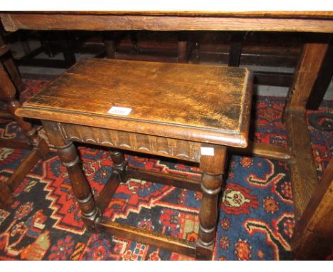 Good quality reproduction oak joint stool, together with a reproduction oak circular pedestal wine table