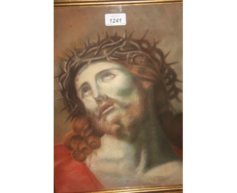 Antique gilt framed coloured chalk drawing, portrait of Christ with crown of thorns, indistinctly signed, 15.5ins x 11.5ins