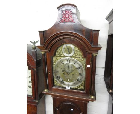 George III mahogany longcase clock, the arched hood above an arched panelled door and a rectangular plinth with bracket feet,