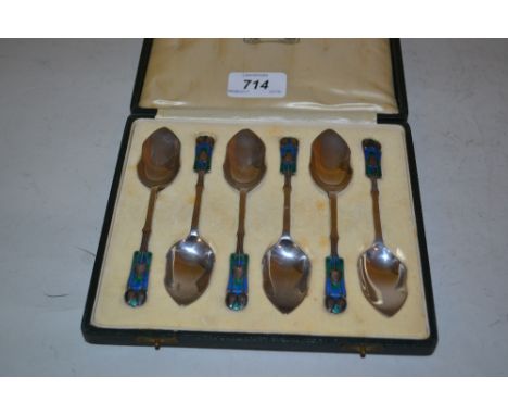 Cased set of six Liberty & Company silver and enamel grapefruit spoons, Birmingham, 1935