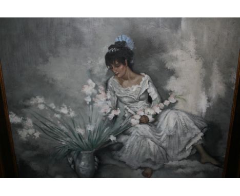 Oil on canvas laid onto board, portrait of a young lady seated by a vase of flowers, 20ins x 24ins