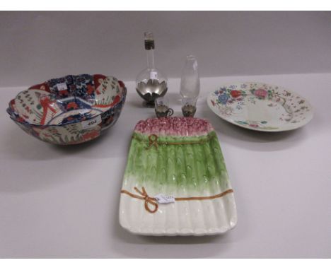 19th Century Imari bowl, pottery asparagus plate, Chinese wall plate (restored), small Scandinavian etched glass vase and a F