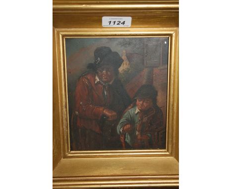 19th Century Flemish school oil, study of a peasant gentleman with a boy playing musical instruments, 7ins x 5.5ins