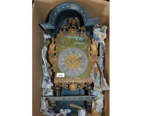 20th Century Continental lantern clock with figural decoration and dial painted with a landscape scene and silvered chapter r