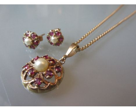 9ct Gold garnet and cultured pearl pendant on chain together with a pair of matching ear studs