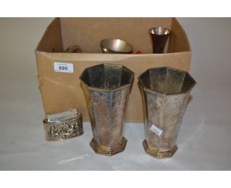 Pair of silver plated octagonal vases with engraved decoration, plated Dutch style table lighter and matching ashtray togethe