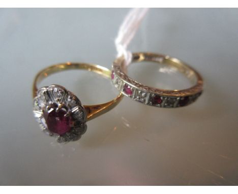 18ct Yellow gold oval ruby and diamond cluster ring, together with another 9ct gold ruby and diamond half eternity ring