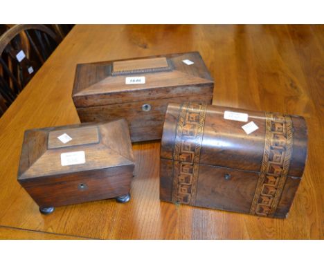 Victorian rosewood sarcophagus shaped tea caddy, similar smaller tea caddy, a walnut and inlaid dome shaped tea caddy