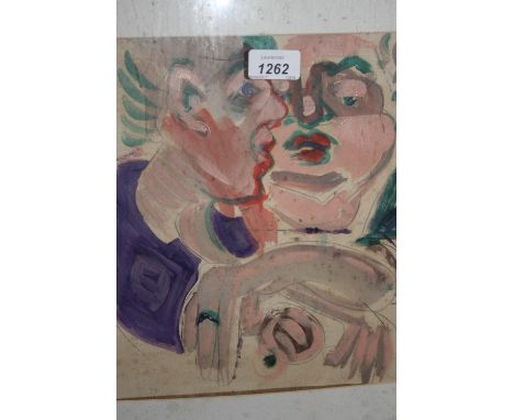 Set of four framed mixed media paintings, abstract portrait studies