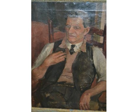 Roland Batchelor, oil on canvas, portrait of a seated gentleman, inscribed on new English Art Club label fragment verso, 20in