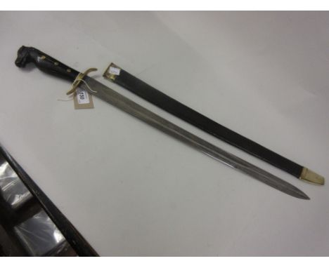 Short hunting sword with horn handle in the form of a horses head having brass and leather scabbard, with 21.5in blade