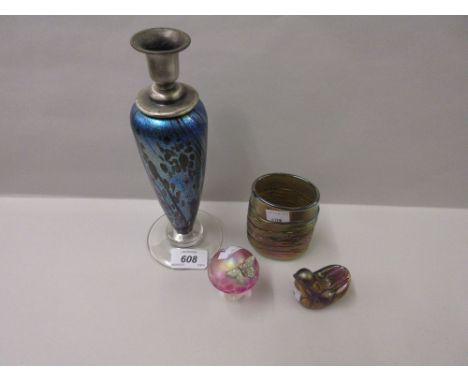 Group of four Isle of Wight glass souvenirs including a candlestick