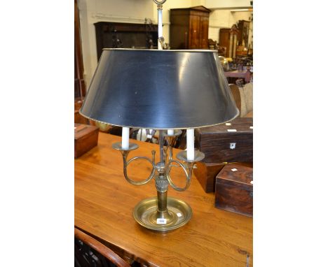 20th Century brass three branch table lamp with blue and gilt toleware type shade