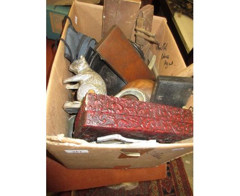 Two cased precision instruments, nutcracker, heavy hardwood mallet, two coloured glass leaded plaques and a quantity of misce