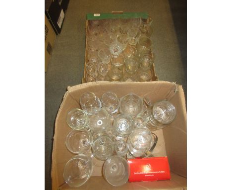 Various sets of wine and sherry glasses, whisky tumblers including Waterford crystal and a box of various wine glasses etc