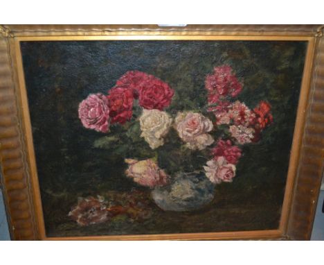 Early 20th Century oil on panel, study of roses in a blue and white bowl, 12.5ins x 15ins