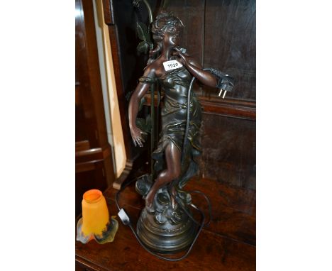 Reproduction bronzed composition two branch figural table lamp (minus one shade)