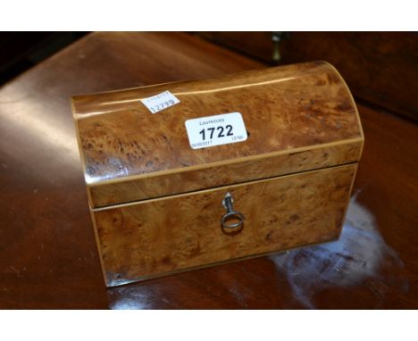 Small 19th Century birds eye maple boxwood and ebony inlaid dome top two division tea caddy