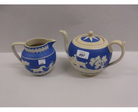 19th Century Copeland Spode blue Jasperware teapot and milk jug, relief moulded with hunting scene